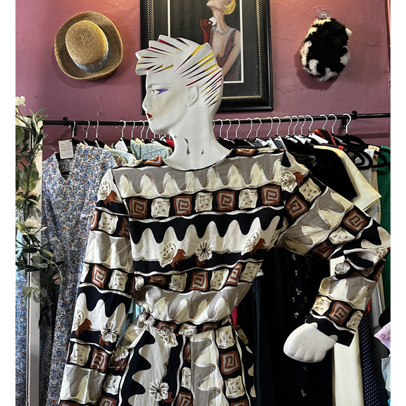 Vintage 80s 90s Maxi Dress Abstract Floral Print Ivory Brown Boho Minimalist M/L - Picture 3 of 9